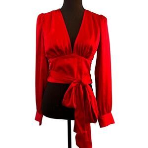 Marissa Webb Collective Red Silky Satiny Blouse Top Deep V Neck Side Zip Close 2